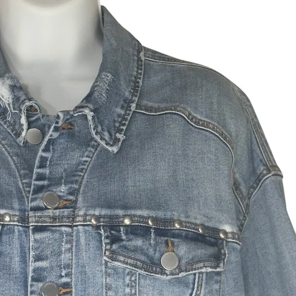 Liverpool Faded Blue Distressed Wide Long Sleeve Crop Denim Jean Jacket Medium - Picture 4 of 14